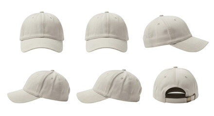 Isolated baseball cap array shows all angles for headwear fashion and apparel design mockup