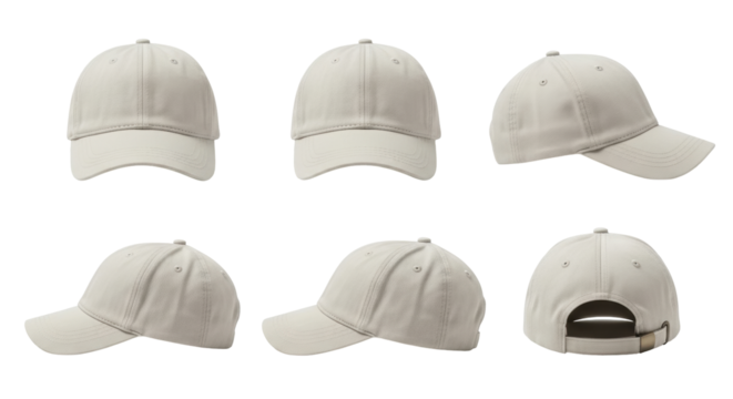 Isolated baseball cap array shows all angles for headwear fashion and apparel design mockup