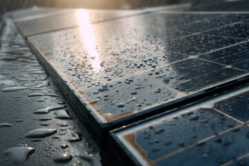 Wet solar panels on a rooftop during rain with sun light