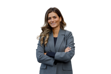 Young professional businesswoman smiling, arms crossed, embodying confidence and success, transparent background