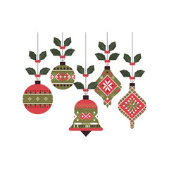 Traditional Christmas Ornaments with Holly Leaves and Hanging Decorations