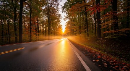 Autumn sunrise on a country road