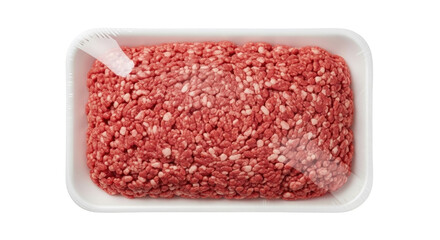 Isolated ground beef in a styrofoam tray shrink-wrapped for freshness, viewed from above