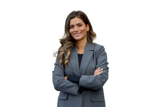 Young professional businesswoman smiling, arms crossed, embodying confidence and success, transparent background