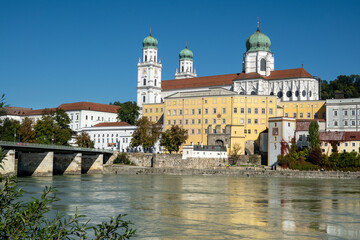 Passau, Germany: morning light on the old town, the Inn river, Mary's bridge and the impressive St Stephan cathedral 
