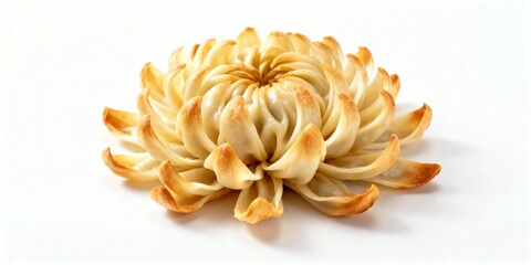 Chrysanthemum-shaped dumpling overhead view, Asian culinary art on white background, delicate textures