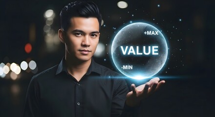 Understanding value concept man holding virtual sphere with value text and max min indicators