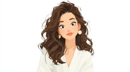Illustration of a woman with wavy hair and white blouse.