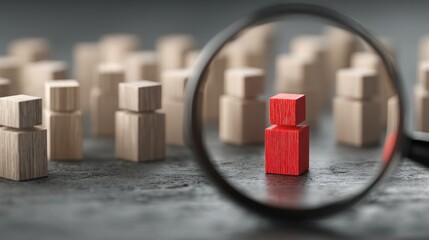 A red wooden block with a magnifying glass focusing on it, set against a blurred background of more wooden blocks.