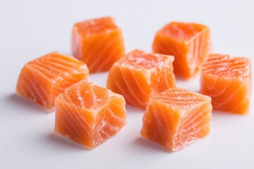 Frozen salmon cubes,  freshly cut.  Arranged on a white surface