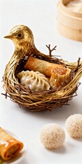 Dim sum bird nest basket with assorted Asian snacks on white background, artistic food design