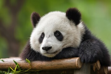 Fototapeta premium Cute Panda Resting on Bamboo with Green Background