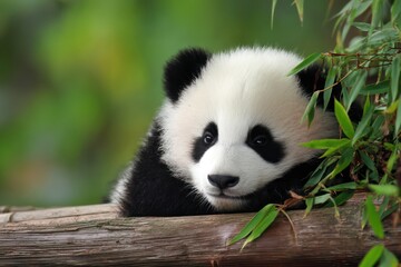 Cute Panda Resting on Bamboo with Green Background