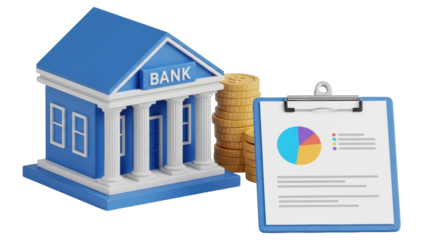 Isolated bank building with gold coins and financial report, savings and investment concept