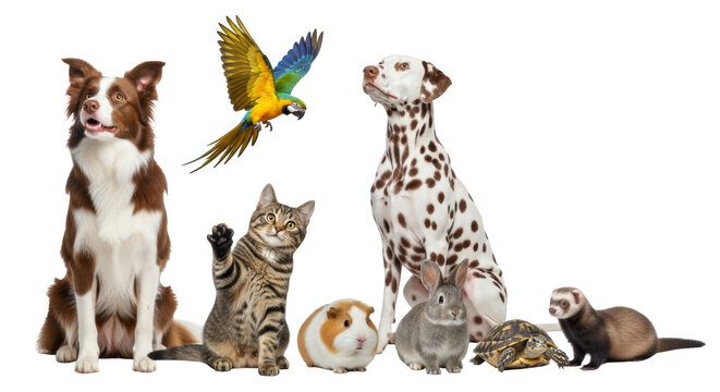 Isolated diverse pets group brown white border collie macaw tabby cat animals together