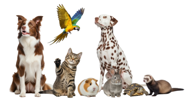 Isolated diverse pets group brown white border collie macaw tabby cat animals together