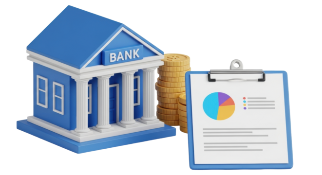 Isolated bank building with gold coins and financial report, savings and investment concept