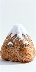 Miniature snowy mountain rice ball close-up on white background, Japanese cuisine meets arctic scenery