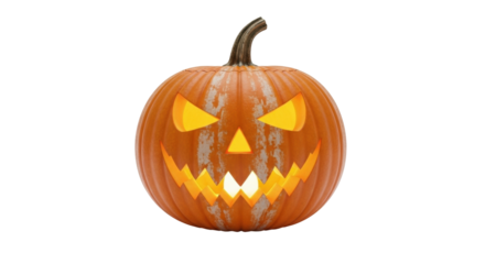Isolated Halloween Jack-o'-lantern with scary face, pumpkin carved with illuminated parts