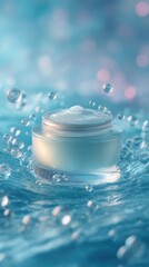 Glass jar of moisturizing face cream floating in water with air bubbles, creating a fresh and hydrating skincare concept.