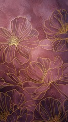 Elegant floral illustration with golden line art flowers over a textured burgundy watercolor background, perfect for luxury and artistic designs.