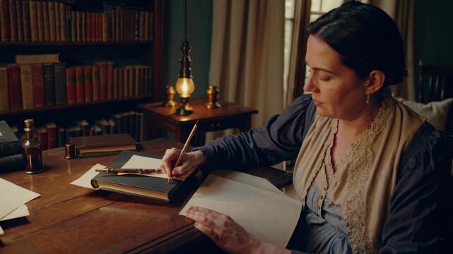 A vintage-style video still of a woman writing at a wooden desk, captured from a side angle, with warm lighting and a bookshelf backdrop.