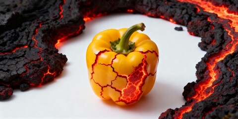 Yellow bell pepper with glowing red lava cracks, macro shot, culinary meets volcanic concept