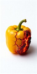 Yellow bell pepper with glowing red lava cracks, macro shot, isolated on white, fiery culinary volcano