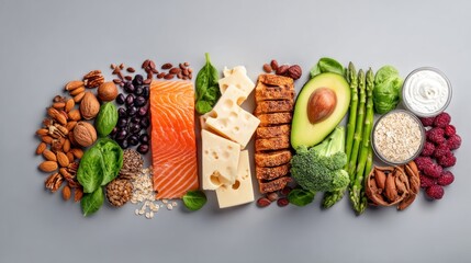 A variety of healthy food items arranged on a gray surface.