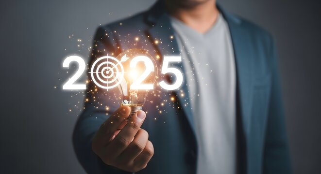 Business vision for the future and target goals for the year twenty twenty five with lightbulb