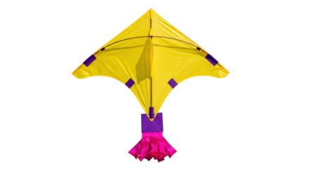 Isolated bright yellow kite with purple accents flying in the air for fun summer activities