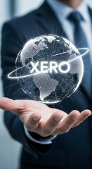 Man's hands holding a glowing xero globe symbolizing global business and accounting