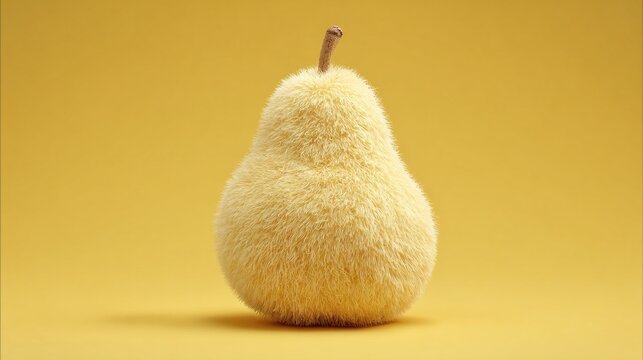 Fuzzy pear stands out against yellow background with soft texture and playful design