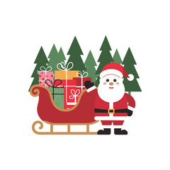 Santa Claus with Sleigh Full of Christmas Gifts in Winter Forest