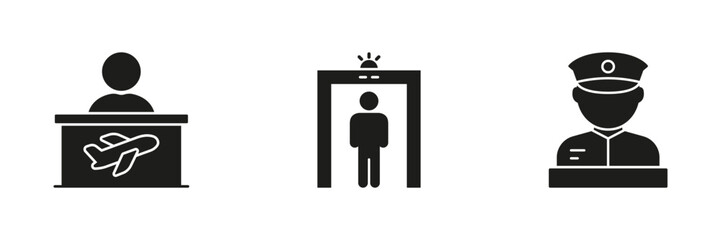 Airport Security And Check-In Solid Icon Set. Travel Safety, Passenger Screening, And Customs Control Silhouette Symbol Collection. Aviation Security Measures. Isolated Vector Illustration