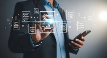 Digital checklist concept business man using smartphone for online survey and form data input