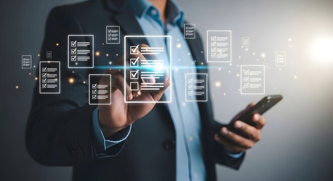 Digital checklist concept business man using smartphone for online survey and form data input