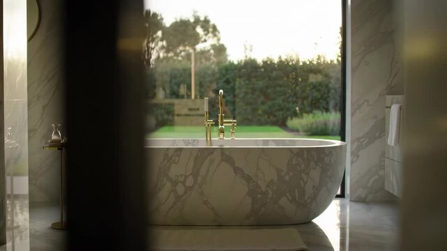 Interior design view of an empty bathroom shower room with a wooden floor, glass door, plant decor, and a window frame