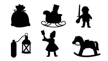 Christmas silhouette icons Santa, sleigh, gift bag, lamp, toy horse