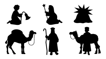 Vector silhouette icons of the biblical Christmas Nativity scene elements