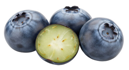 Isolated plump blueberries, three whole and one half, ready for fresh summer baking © Maros