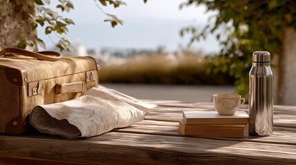 Obraz premium In a rural bus stop, a packed suitcase, its fabric frayed, rests on a wooden bench, its slats weathered, with no one around. A paper map, its folds creased, lies beside a metal thermos, its cap dent