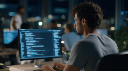 A recent grad codes at a tech firm with monitors displaying code, energy drinks scattered, and colleagues brainstorming nearby, depicted in a techy photo with screen lines, can gleams, and innovativ