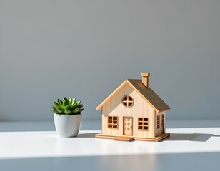 Minimalist Wooden House Model with Green Succulent White Background