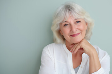Smiling older woman in white shirt poses against light background