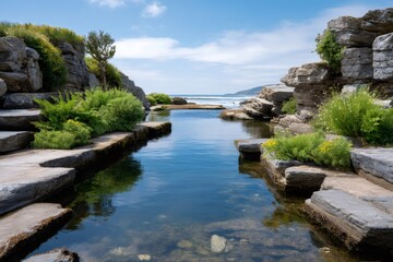 Natural tidal pool reflecting clear blue sky water