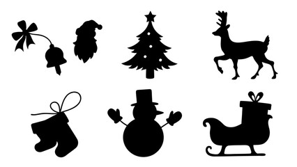 Christmas Icons Set Santa, Reindeer, Snowman, Tree, Sleigh, Bell
