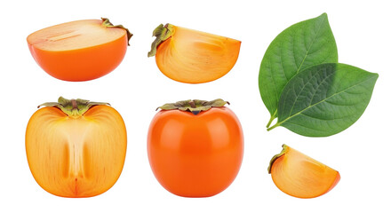 Isolated ripe persimmon fruit and leaves, whole and halved, in a natural, healthy food display