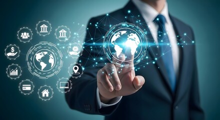 Global business network technology concept with man touching digital interface connection
