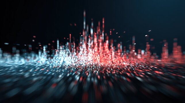 A digital wave with red and blue particles against a dark background.